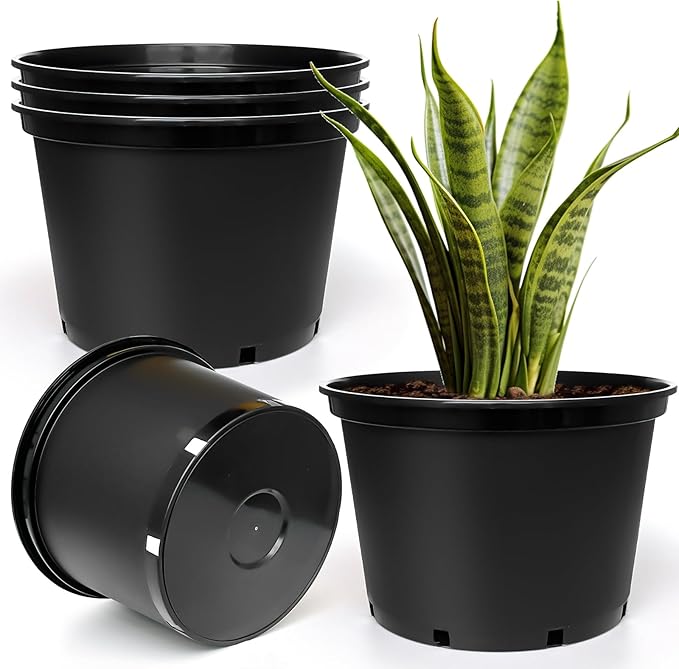 RooTrimmer 7 Gallon Plastic Nursery Pots, 15 Inch Large Plastic Pots for Plants, Round Plant Pots with Drainage Holes, Flower Pots for Outdoor Indoor Plants, Gardening Gifts for Women (5-Pack, Black)