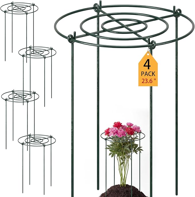 Pelopy 4 Pack 15.7" D x 23.6" H Large Peony Cages and Supports Heavy Duty Metal Plant Support Stakes Flower Support Hoops Rings for Outdoor Garden Rose Tomato, Hydrangea, Peonies, Sage, Cucumbers