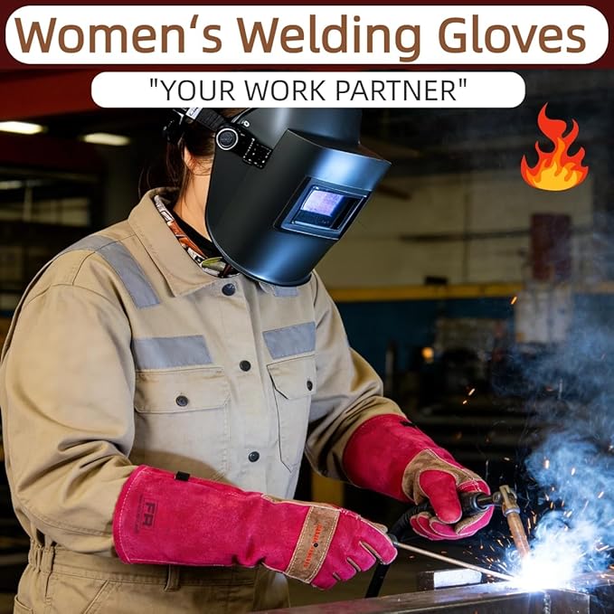 Welding Gloves for Men, Gardening Gloves Yard Work for Women, Long Sleeves Gloves for Rose Pruning, Thorn Proof, Fireproof and Heat Resistant (Rose Red, X-Small)