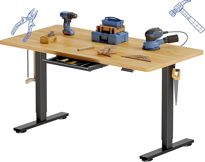 FLEXISPOT Electric Adjustable Workbench, 55x28 Inches Ergonomic Worktable with Drawer for Garage, Workshop, Office and Home, Spacious Desktop for Woodworking Sewing and Crafts, Maple, 3 Packages