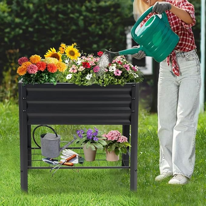 Raised Garden Bed with Legs and Shelf, 2pcs 31.8x20x31.5inches Elevated Metal Planter with Legs for Outdoor Vegetables and Herbs, Standing Raised Beds for Balcony, Patio, Lawn and Backyard