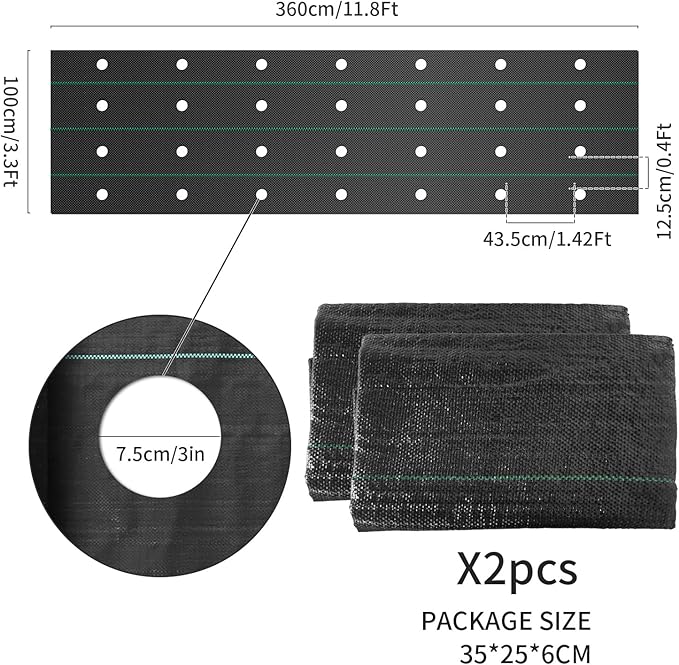 2pcs Weed Barrier Landscape Fabric with 3'' Planting Holes,Garden Weed Barrier Fabric 3.3 Ft X 11.8 Ft Heavy Duty Weed Block Gardening Mat Soil Erosion Control and UV Stabilized
