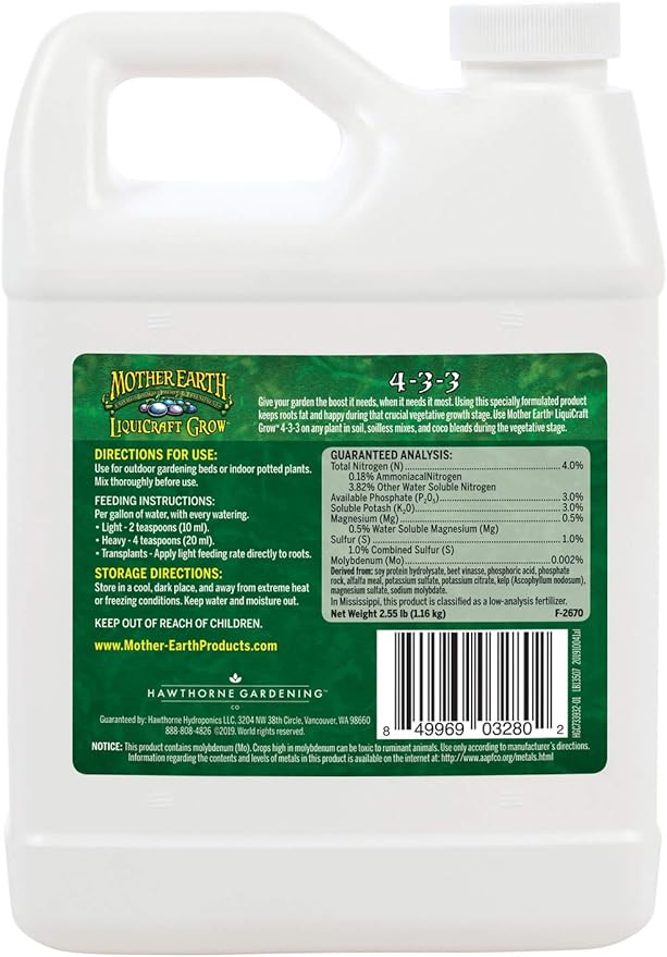 Mother Earth Products LiquiCraft Grow 4-3-3 and Mother Earth LiquiCraft Bloom 2-4-4 Liquid Fertilizer Bundle, 1 Quart Each,White