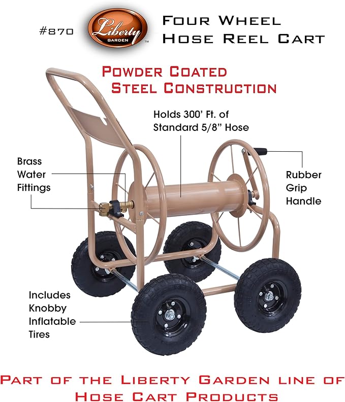 Liberty Garden Industrial 4 Wheel 300 Foot of 0.625 Inch Hose Steel Frame Water Hose Reel Cart for Backyard, Garden, or Lawn, Beige