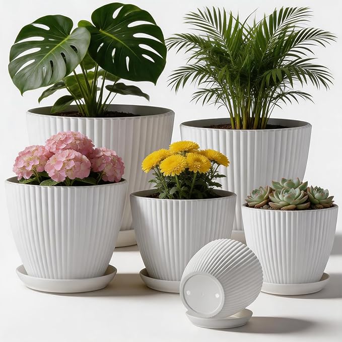 RooTrimmer 7.5/6.5/5.5/4.9/4.2/3.5 Inch Plant Pots with Drainage Holes and Saucer, Plastic Flower Pots for Indoor Plants, Lightweight Planter Pots for Plants, White