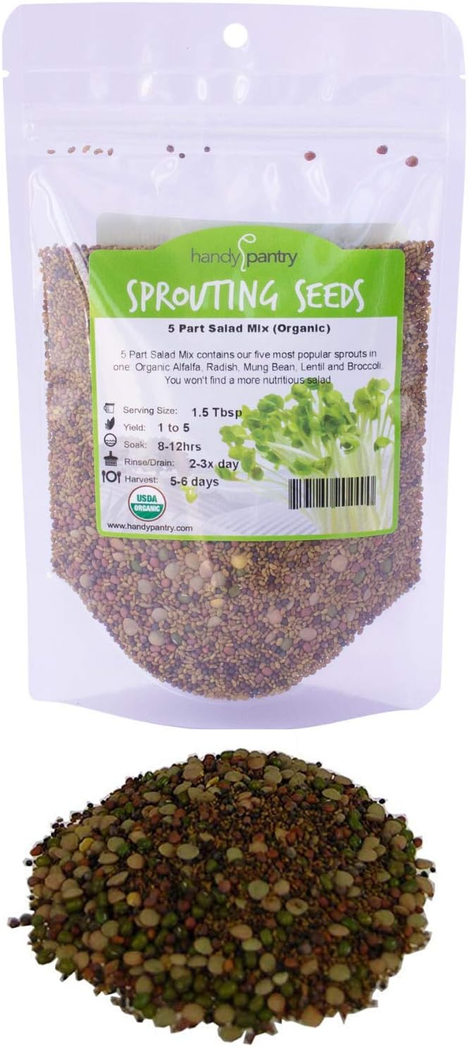 Handy Pantry Organic Salad Sprouting & Microgreens Mix – 8 Oz – Non-GMO, High-Germination Blend of Alfalfa, Broccoli, Lentil, Mung Bean & Radish Seed – Fresh, Crisp Sprouts & Nutritious Micro Green