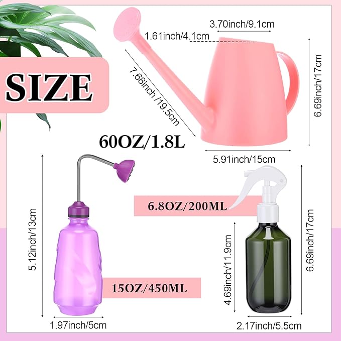 Reallnaive 6 Pcs Indoor Watering Can Set 1/2 Gallon Can 6.8 oz Spray Bottle 17 oz Squeeze Bottle Plant Watering Globes Soil Moisture Meter Small Spraying Sets for Indoor Outdoor (Pink)