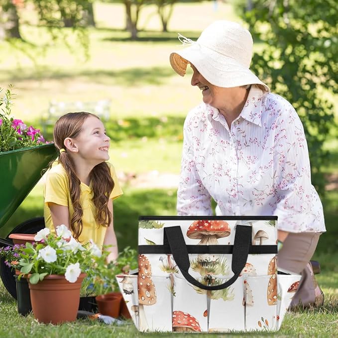 Garden Tool Bag Organizer Garden Tote Bag with Pockets Types of Mushrooms Tool Storage Organizer Gardening Tool Kit Holder 13" x 6.8" x 2.8"