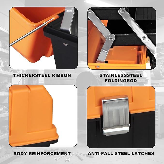 Jack Boss 17 Inch 3-Tier Portable Plastic Tool Box – Multi-Function Organizer, Black/Orange
