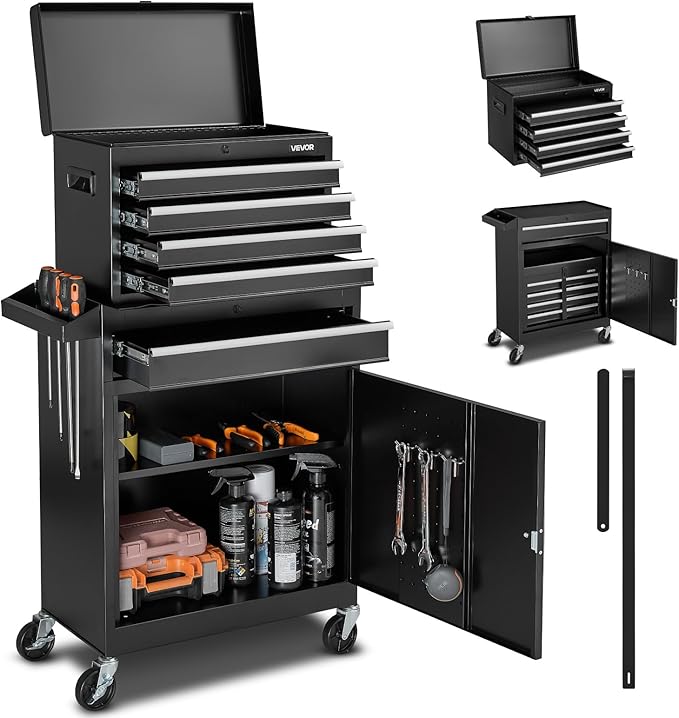 VEVOR Rolling Tool Chest, 2-in-1 Design, 5 Drawers Tool Cabinet Organizer with Detachable Top Metal Toolbox, Lock Bar, Protective Liner, and Tools Rack, Garage Storage Cabinet for Warehouse, Workshop