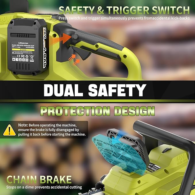 SEYVUM Cordless 40V 16 Inch Chainsaw with 2 x 4.0Ah Batteries, Electric Chain Saw with Tool-free Chain Tension, Auto Oiling, Heavy-Duty for Tree Felling, Firewood Cutting, Pruning