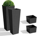 JUMMICO Set of 2 Resin Rattan Tall Planters for Outdoor Plants, Large Tapered Planters with Drainage Holes&Inner Trays, Flower Pots for Garden, Patio, Porch, Backyard (Black, 32'')