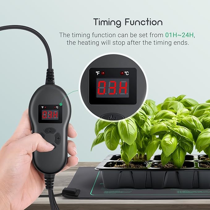 LUXBIRD Plant Heating Mat with Thermostat, Timing Function, Indoor Greenhouse Heat Mat, Heating Mat, 10"x20.75", 30 Watt (1 Pack)