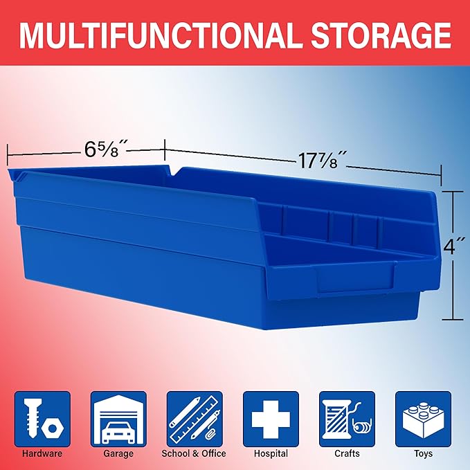 Akro-Mils 30138 Plastic Shelf Bins, Heavy Duty Storage Bins for Garage, Closet, and Drawer Organization, 18" x 6-1/2" x 4", Blue, 12-Pack