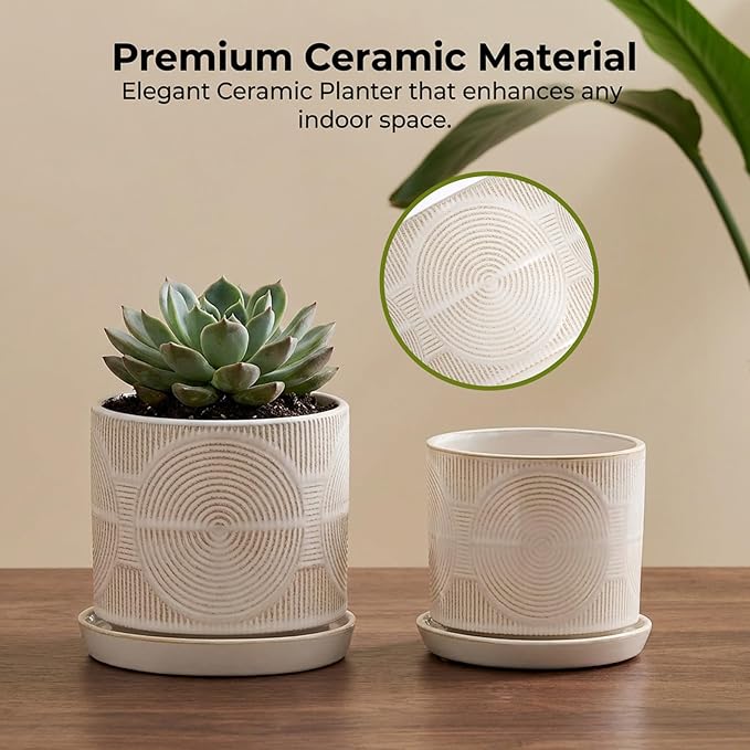 Ceramic Plant Pots, Pots for Plants(4.5+5.5inch), Flower Pots for Indoor planters with Drainage and Tray, Indoor Plant Pots for Succulents Cactus Herbs - Small Planters for Home Office Decor