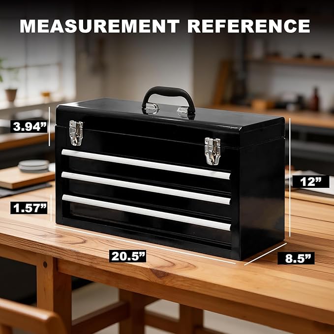3 Drawer 20“ Metal Tool Box Portable Steel Tool Chest with Metal Latch Closure for Garage, Home and Workbench,Black