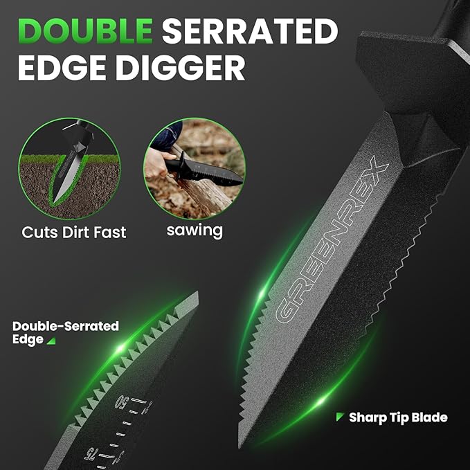 GreenRex Metal Detector Shovel, Heavy Duty Double Serrated Digging Tool and Metal Detector Accessories with Sheath, Gardening Tools for Weeding, Planting, Camping, Treasure Hunting