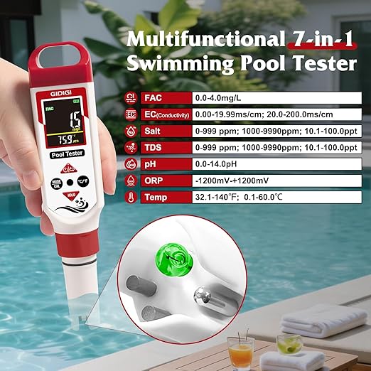 pH Chlorine Meter Digital 7 in 1, Pool ORP Salinity Meter Test pH CL Salt ORP EC TDS Temp, for Pools Aquariums Hydroponics Drinking Water Hot Tubs, Water Test Kit, with Calibration Solution