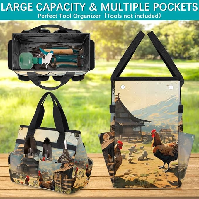 Garden Tool Bag Organizer Garden Tote Bag with Pockets Courtyard Rooster Animal Tool Storage Organizer Gardening Tool Kit Holder 13" x 6.8" x 2.8"