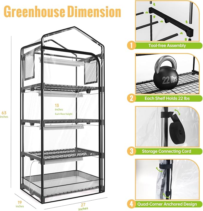 Mini Indoor Greenhouse with Grow Light, 4-Tier Plant Stand with Zippered Cover, Ventilation Window, Bottom Pouch, 20W Full Spectrum Plant Light with Timer for Seedling, 27"L x 19"W x 63"H