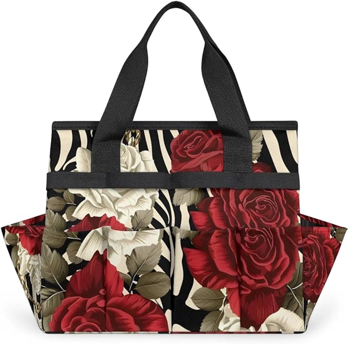 Garden Tool Bag Organizer Garden Tote Bag with Pockets Rose Zebra Pattern Tool Storage Organizer Gardening Tool Kit Holder 13" x 6.8" x 2.8"