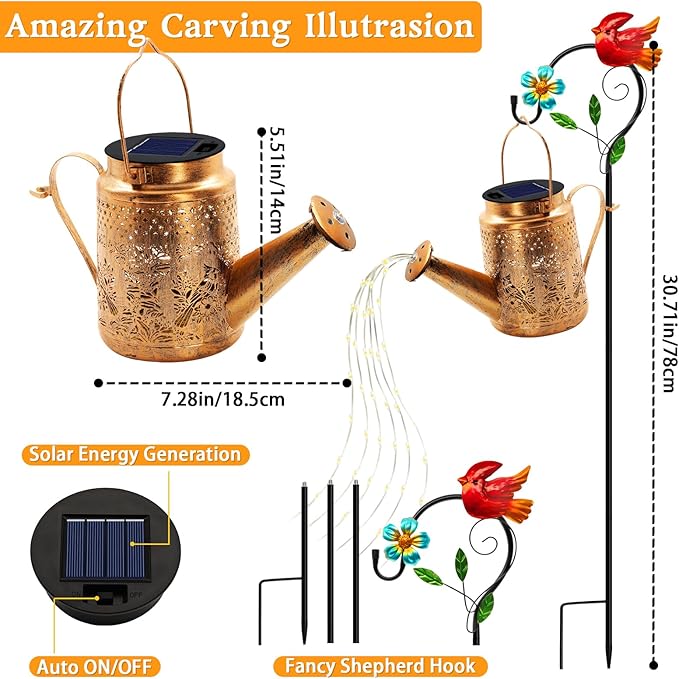 Big Solar Lights Outdoor Waterproof, Gift for Mom Grandma Women Wife Daughter Mother's Day, Cardinals Watering Can Light with Shepherd Hook, Outside Hanging Solar Light Garden Front Porch Patio Decor