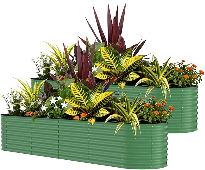 Garvee 2 Pack 8x2x2ft Galvanized Raised Garden Bed Kit, Oval Metal Planter Boxes with Anti-Cut Safety Edges, Rust-Resistant Deep Root Planters for Outdoor Vegetables, Flowers, Herbs, Green