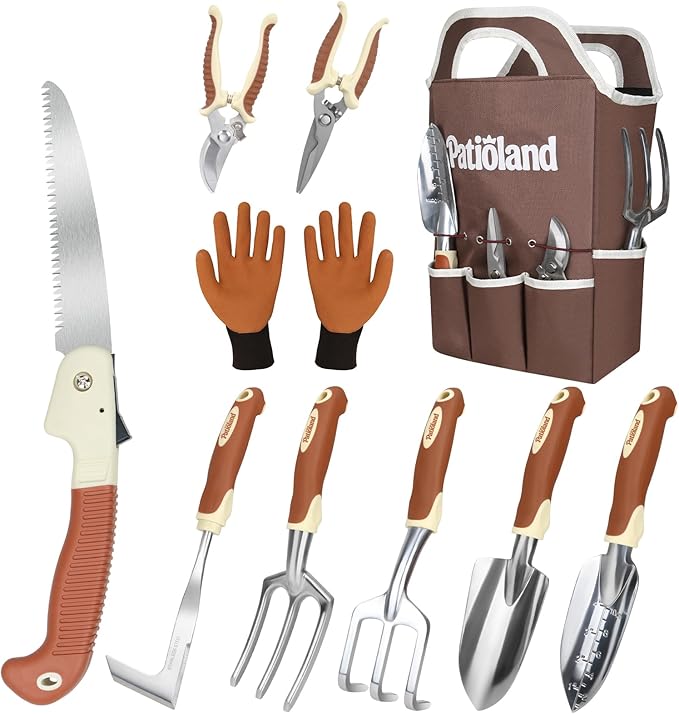 10-Piece Garden Tool Set – Brown Gardening Hand Tools with Non-Slip Handles, Heavy Duty Rust-Proof Aluminum Tools, Organizer Tote Bag, Ideal Gardening Gifts for Women & Grandma