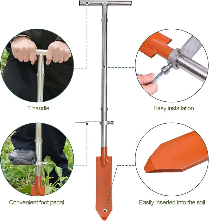 Dibble Bar Planting Tool with Foot Pedal, Sturdy Construction Tree Planting Bar with Stainless Steel Pole, T-Handle Dibbler Gardening Tool Digging Bar Long Triangle
