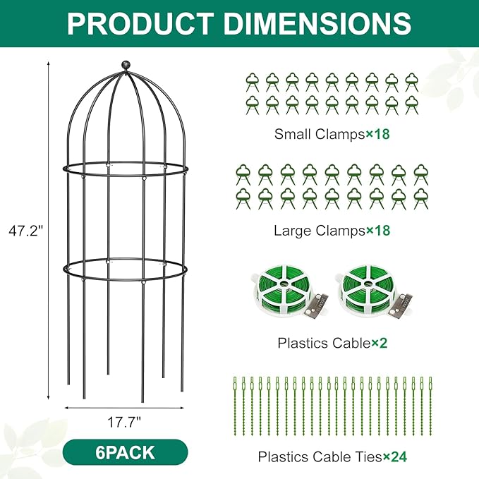 DoCred 6 Pack Garden Trellis for Climbing Plants, 17.7" x 47.2" Metal Rustproof Tomato Cage, Outdoor Indoor Flowers Potted Obelisk Trellis for Cucumber Vine Peony Lily Rose Plant Support
