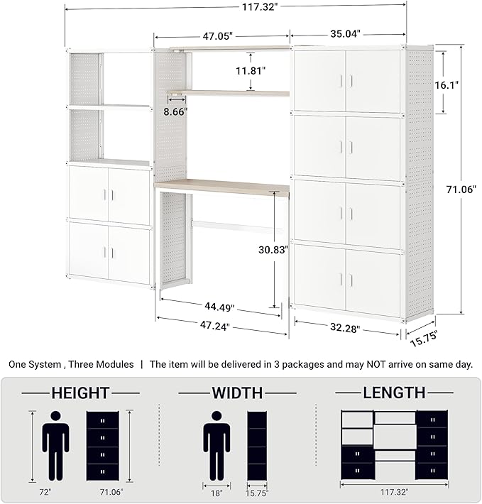 FLEXIMOUNTS Garage Storage Cabinet System, 3-in-1 Modular System with Integrated Workbench, Cabinets & Pegboard, 24-Gauge Steel, 117" L, 6-Door Cabinet for Garage Workshop, White, FLEXIMOD Series