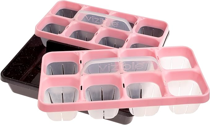 Vizible 16-Cell Seed Starting Tray Caddy | Reuseable Clear Cell Design | Perfect for Vegetables Including Tomatoes and Peppers, Flowers and Herbs (Aster Pink)
