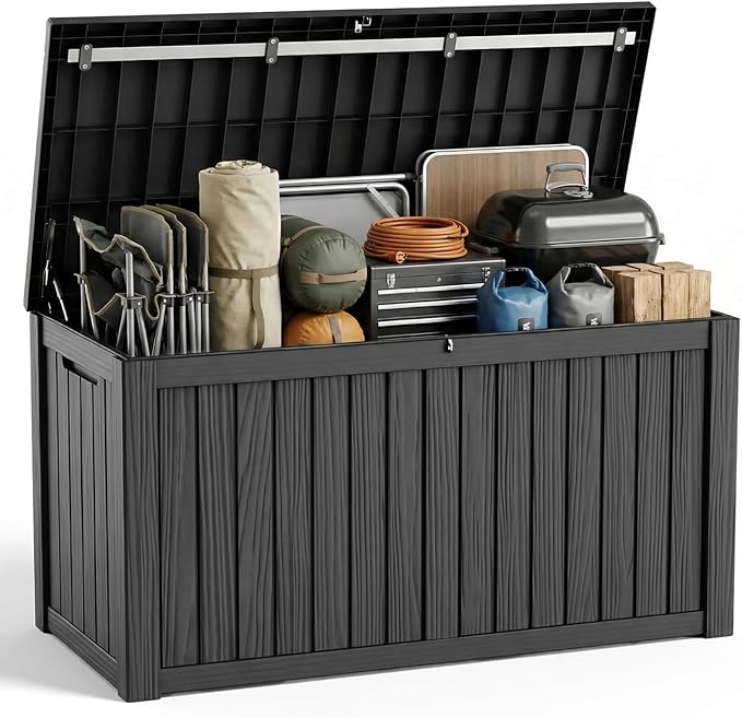 ROJIK 180 Gallon Waterproof Outdoor Deck Storage Box, Lockable Resin Patio Storage Bin with Lid for Garden Tools, Patio Cushions & Outdoor Accessories(Black)