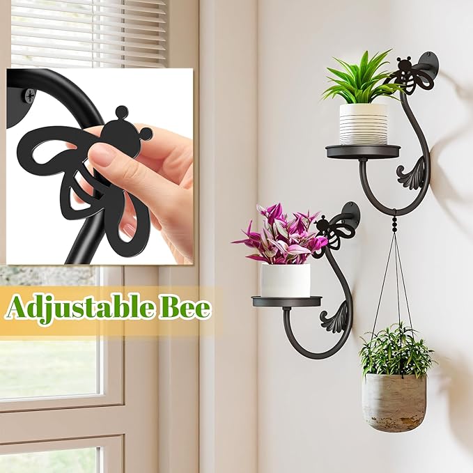 Wall Plant Holder Indoor, Metal Hanging Planters Hanger Floating Flower Display Stand for Window, Plant Shelves Hanging Plant Holder Window Plant Hanger Plant Decor Black (Bees-2pc)
