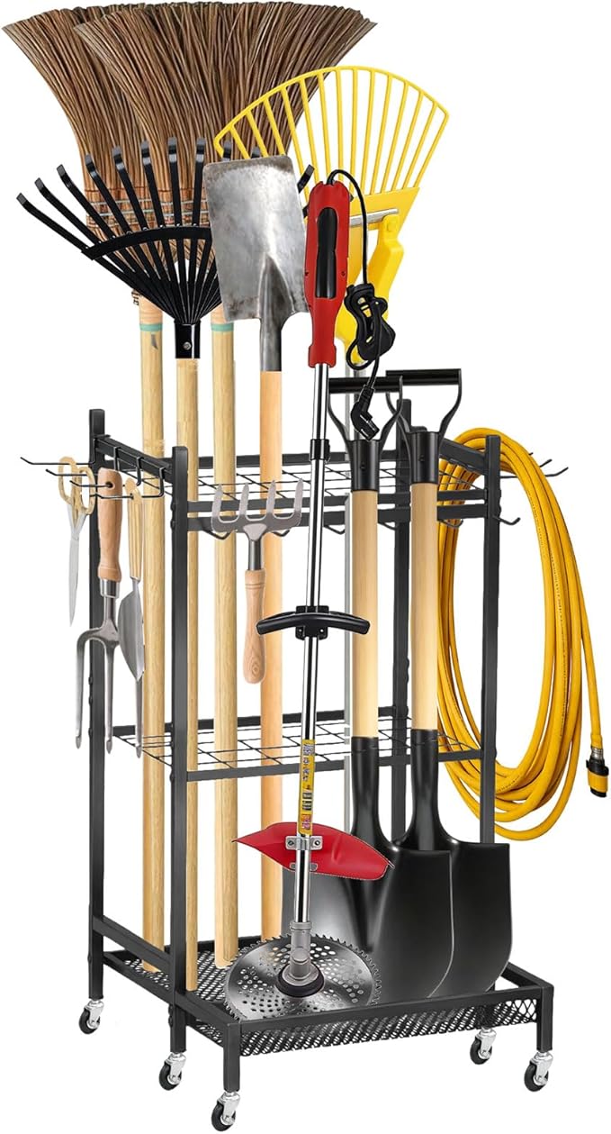 Garden Tool Organizer Rack with Wheels Up to 30-35 Tools, Heavy-Duty Steel Yard Tool Organizer for Garage Storage with 11 Hooks, Broom Holder & Garden Tool Rack for Shed, Patio, Lawn, Outdoor, Black