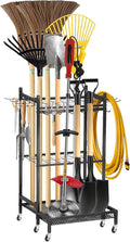 Garden Tool Organizer Rack with Wheels Up to 30-35 Tools, Heavy-Duty Steel Yard Tool Organizer for Garage Storage with 11 Hooks, Broom Holder & Garden Tool Rack for Shed, Patio, Lawn, Outdoor, Black