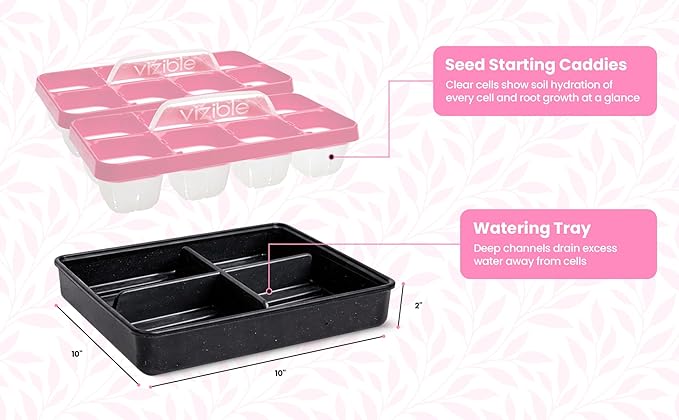Vizible 16-Cell Seed Starting Tray Caddy | Reuseable Clear Cell Design | Perfect for Vegetables Including Tomatoes and Peppers, Flowers and Herbs (Aster Pink)