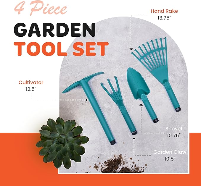 Mintra Garden Tool Set, 4 Piece Heavy Duty Gardening Tools Including Cultivator, Trowel, Shovel & Rake, Durable Poly Material & Non-Slip Handle, Garden Hand Tools Set for Gardening Gift, Gray