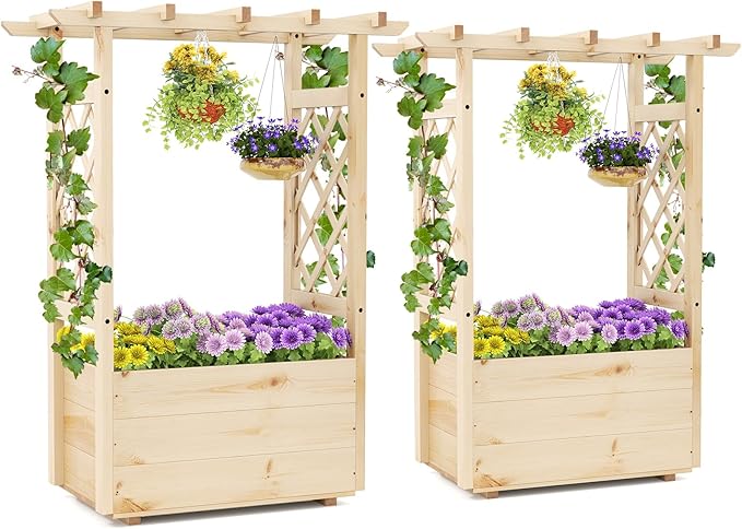 Giantex Set of 2 Raised Garden Bed with Sided Trellis & Hanging Roof, Wood Planter Box, Freestanding Garden Planter Raised Bed for Flowers Herbs Climbing Vines 31”x16”x41” (L x W x H)