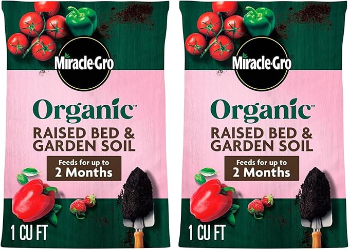 Miracle-Gro 2 Pack Organic Raised Bed and Garden Soil with Quick Release Natural Fertilizer, Feeds Plants, Up to 2 Months, Grows More Veggies, 1 Cu Ft