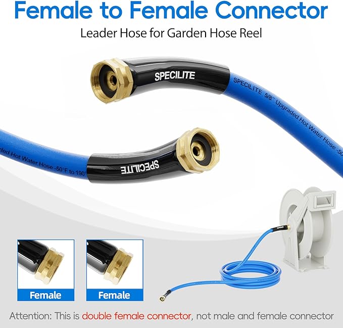 SPECILITE Female to Female Hot/Cold Garden Water Hose 20 ft x 5/8 Inch for Hose Reel, -50℉To 190℉, Heavy Duty, Flexible, Burst 605 Psi, Rubber Extension Pipe with 3/4" Brass Fittings