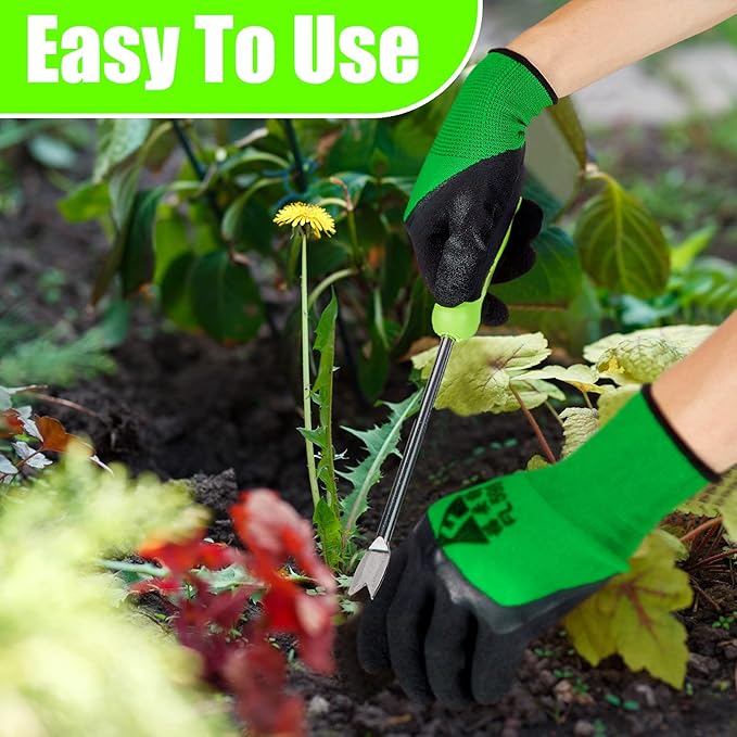 12.8'' Dandelion Weed Puller Tool with Soft Handle Polished Stainless Steel Garden Hand Weeder Remover Tool Two-pronged Fork with Gloves for Garden Lawn Farmland Planting Care in Patio Lawn Yard