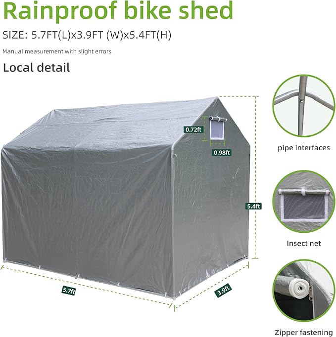 Outdoor Bike Shed, 6 x 4 ft Bicycle Storage Shed - Storage Shed with Roll-Up Door and Ventilation Window, Waterproof and Windproof PE Tarpaulin Tool Shed, Garden, Backyard, Portable Small Shed