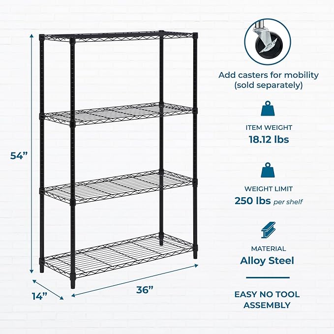 Honey-Can-Do 4-Tier Heavy Duty Adjustable Shelving Unit, 250-lb Per Shelf Metal Storage Rack, Wire Shelf for Garage Kitchen Office Pantry, Black, 36 x 14 x 54 in