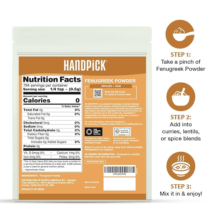 HANDPICK Fenugreek Powder (397g/14oz) Non GMO, Gluten Free, 100% Raw Methi Seeds, Sourced from India, For Cooking, Packed in Resealable Ziplock Pouch