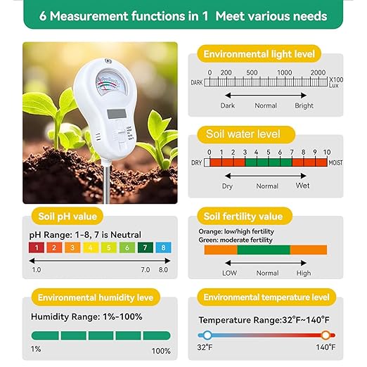 6 in 1 Soil Tester, Digital Soil pH Sunlight Water Fertility Temperature Humidity Meter, with 3 Replaceable Probes, for Garden Farm Home Plant Care