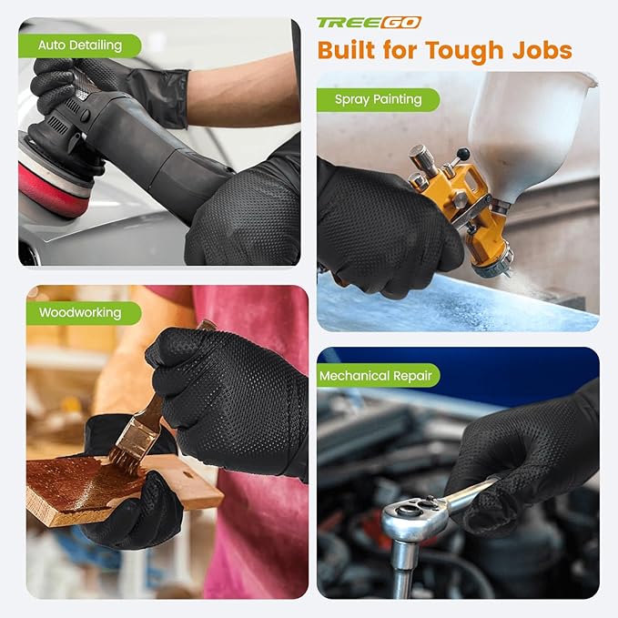 TREEGO 10 Mil Black Nitrile Gloves Heavy Duty — 3D Diamond Texture Grip, Latex Free Disposable Rubber Mechanic Gloves, X-Large, 100 Count