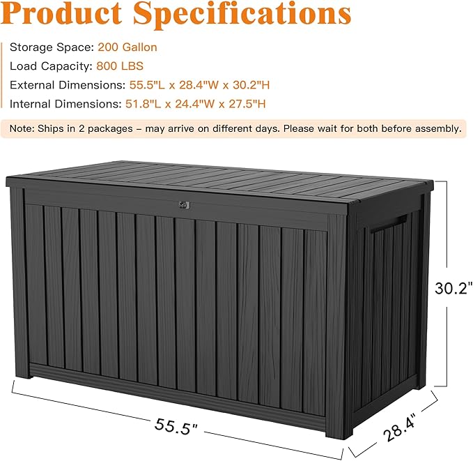 200 Gallon Outdoor Large Storage Box, Waterproof Large Deck Box with Handles & Lid, Large Storage Bins, Resin Patio Storage Box with Hydraulic Rods for Garden Tools, Cushions, for Yard, Pool, Porch