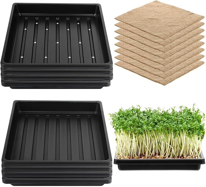 CIEOVO Microgreens Growing Mat with Tray Kit, 8 Pcs Hemp Fiber Grow Tray with 8 Pcs 10" Square Growing Trays Hydroponic Jute Pads Indoor Production for Indoor Germination Sprouts