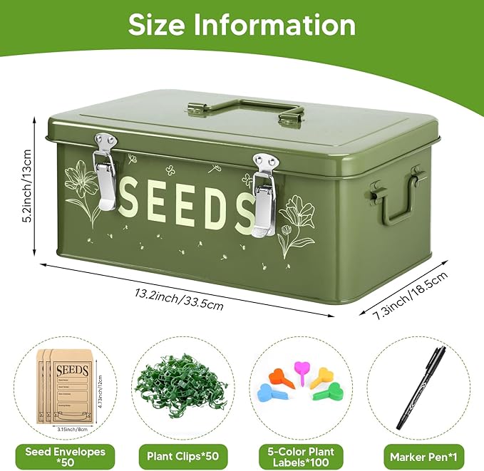 Seed Storage Organizer Box with 4 Compartments, Metal Seed Saving Box with Lockable Lid & Safety Locks, Includes 50 Seed Envelopes, 100 Plant Labels, 50 Clips & Marker (olive green)